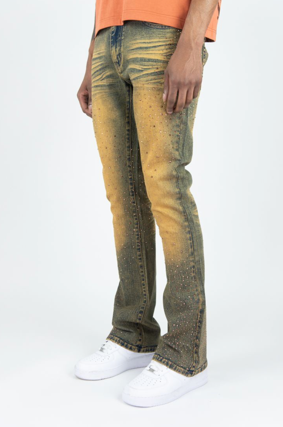 Rhinestone Stacked Denim Jeans - Rust