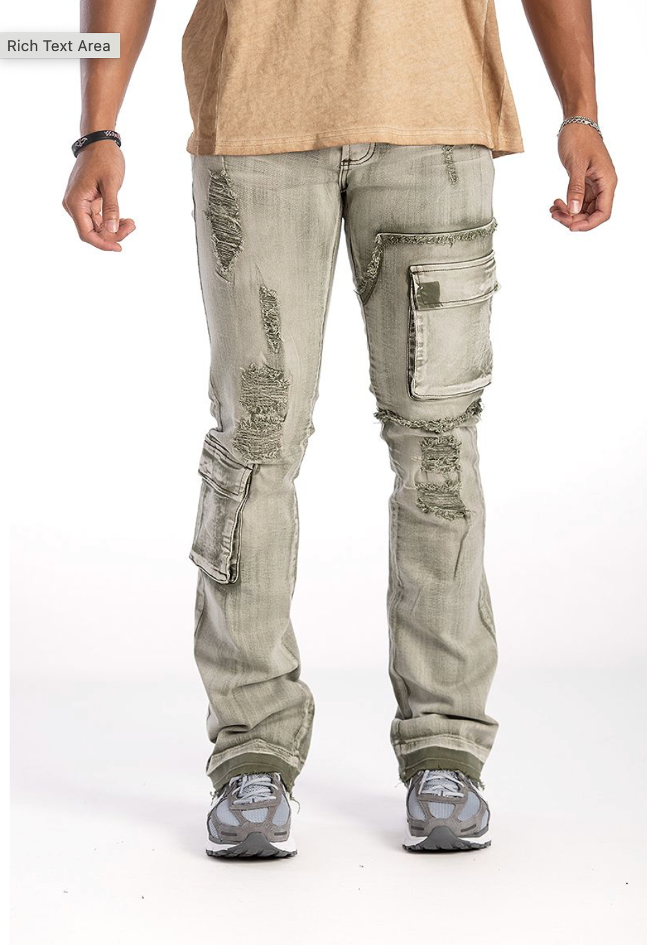 Ripped Jeans w/Cargo Pockets - Green