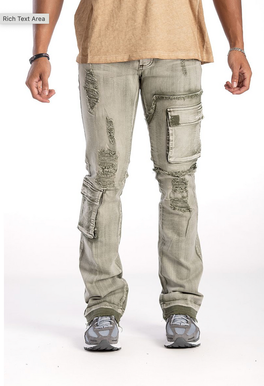 Ripped Jeans w/Cargo Pockets - Green