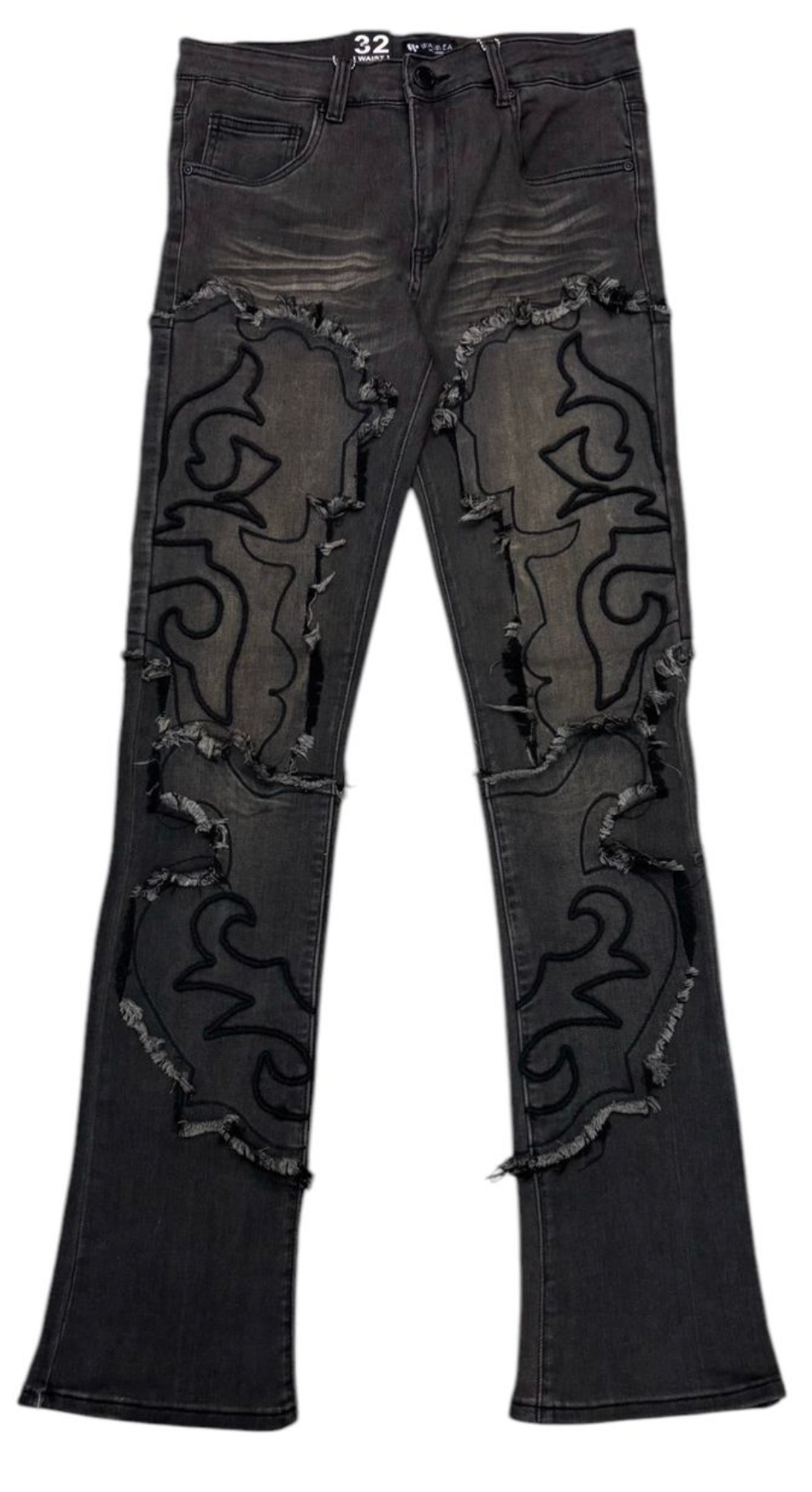 Patch and Frayed Stacked Jeans - Washed Black