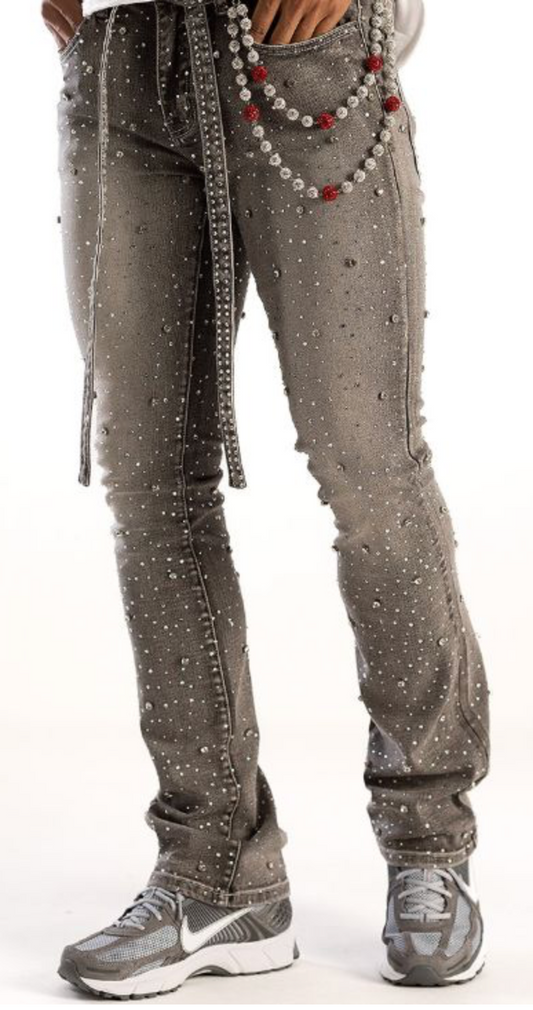 Premium Rhinestone Jeans - Grey