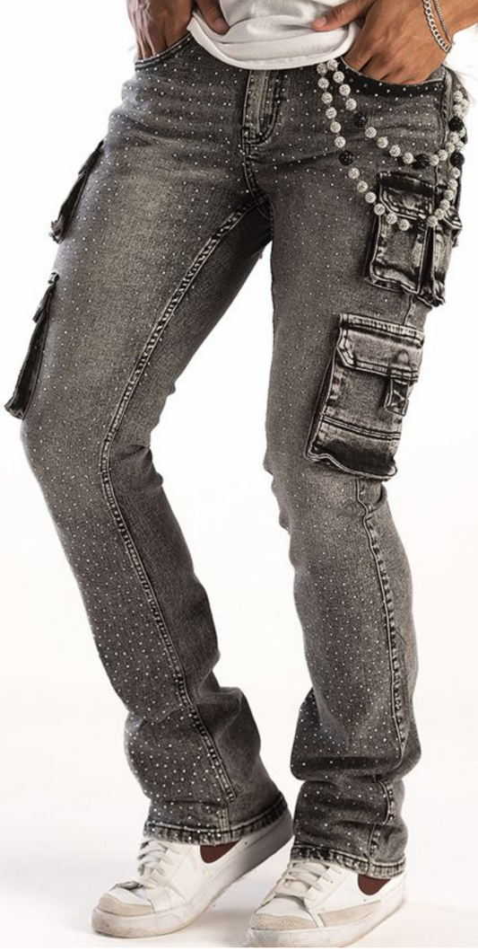 Stacked Cargo Jeans w/Rhinestone - Black