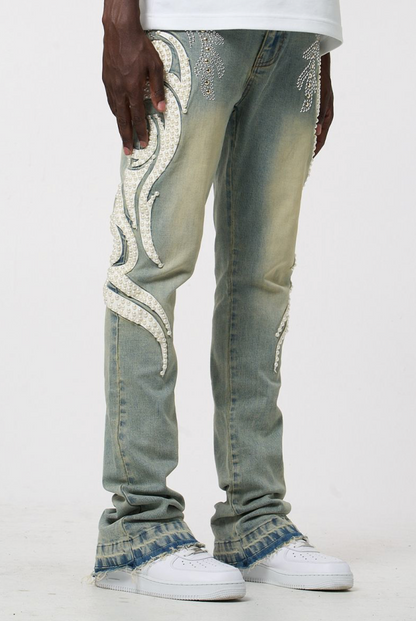 Stacked Jeans w/Rhinestone Design - Blue