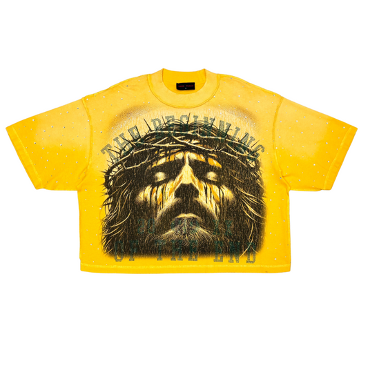 The Beginning Rhinestone Cropped Tee - Yellow