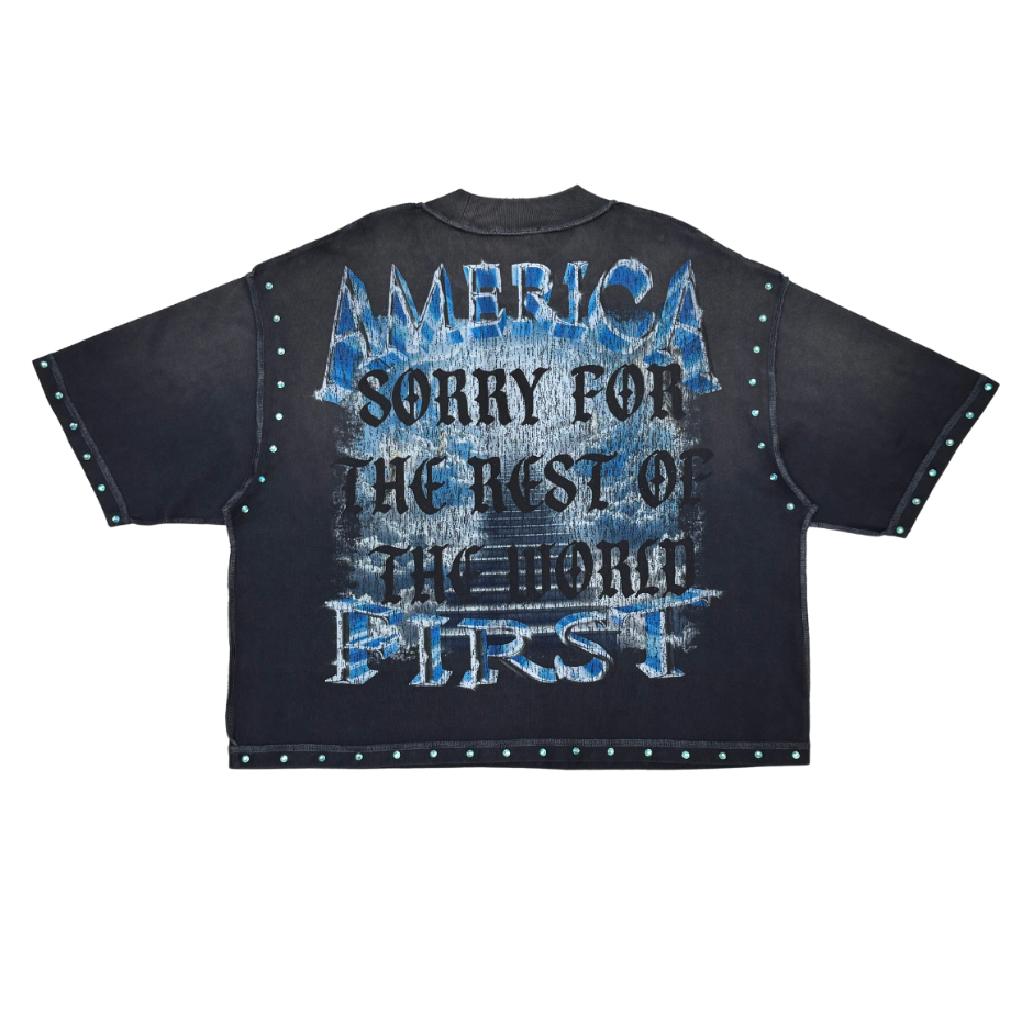 Trust No One Angel Rhinestone Cropped Tee - Grey