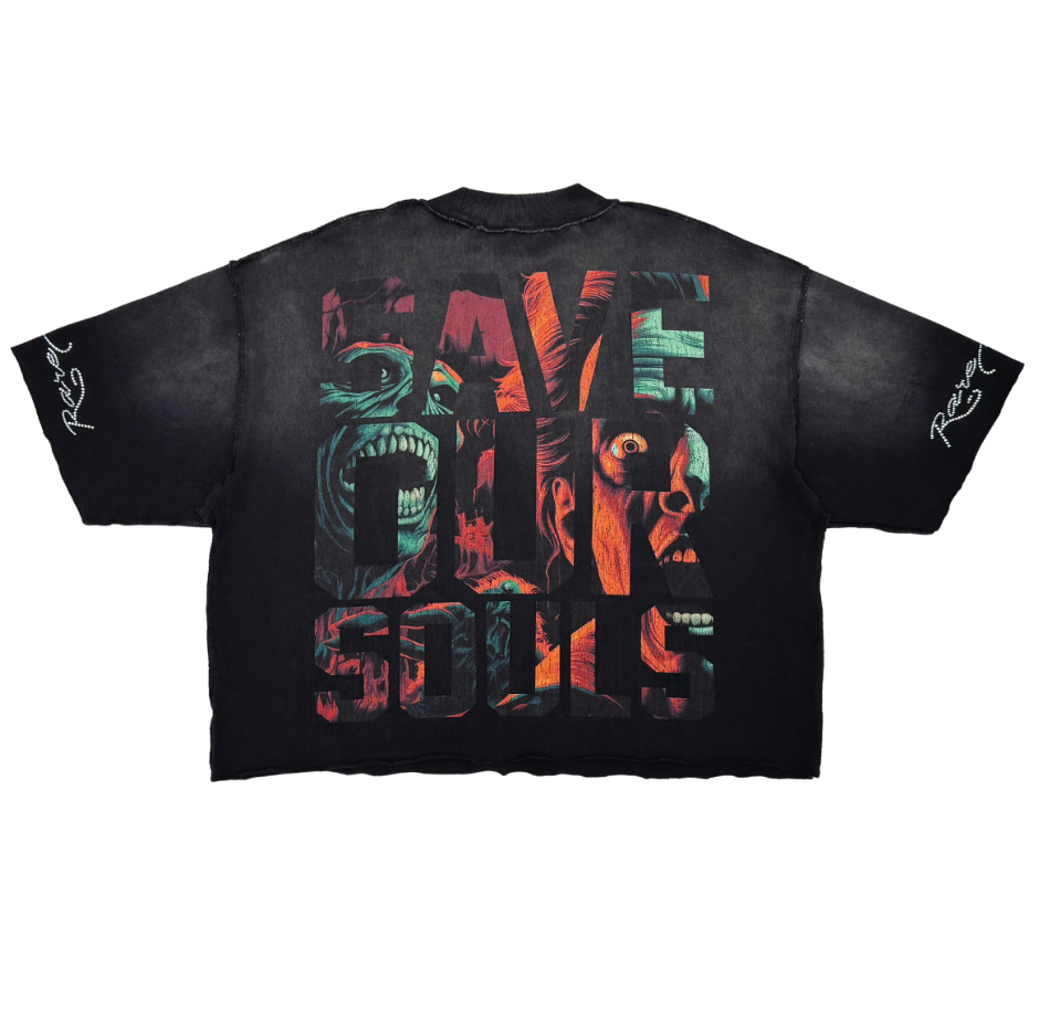 Save Our Souls Rhinestone Cropped Tee - Black