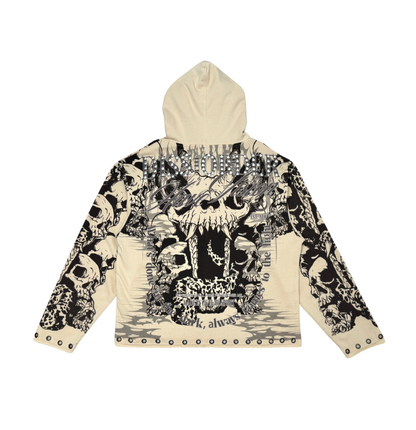 Skull Pattern Zip Up Hoodie - Cream