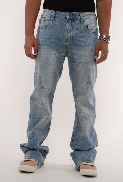 Mini Rhinestone Stacked Jeans - Blue