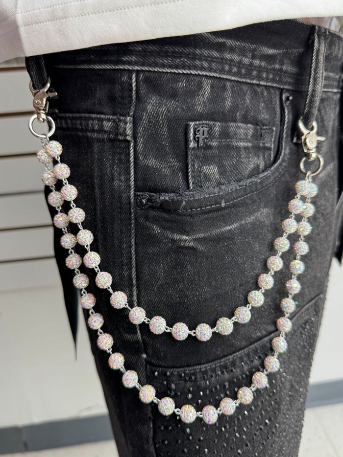Double Layer Rhinestone Wallet Chain - Silver