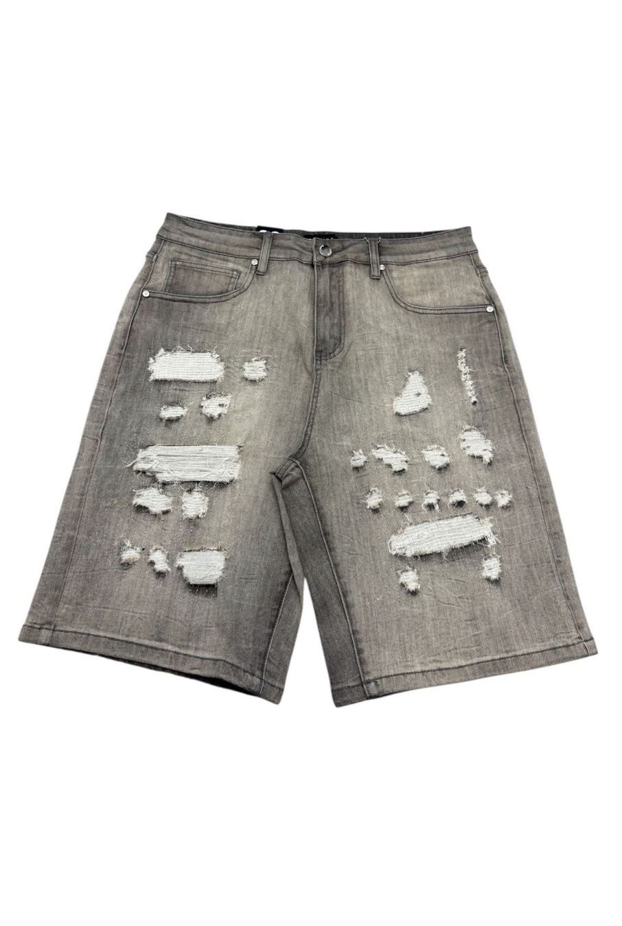 Ripped Denim Shorts - Grey