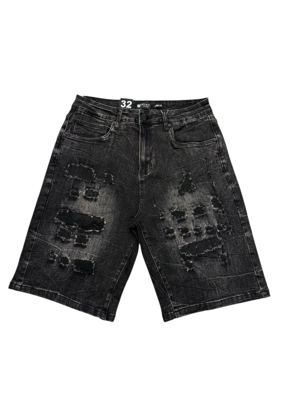 Ripped Denim Shorts - Black