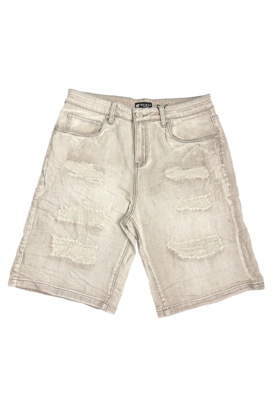 Ripped Denim Shorts - Beige