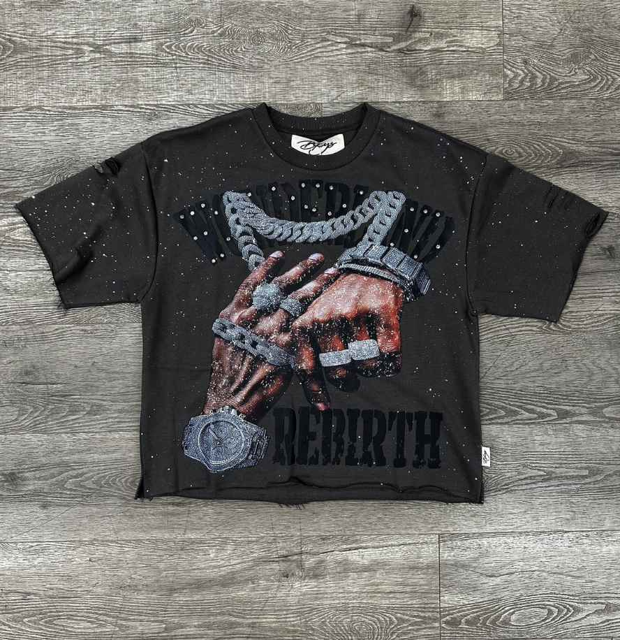 Rebirth Rhinestone Cropped Tee - Grey