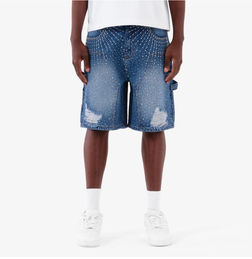 Ripped Rhinestone Jorts - Blue