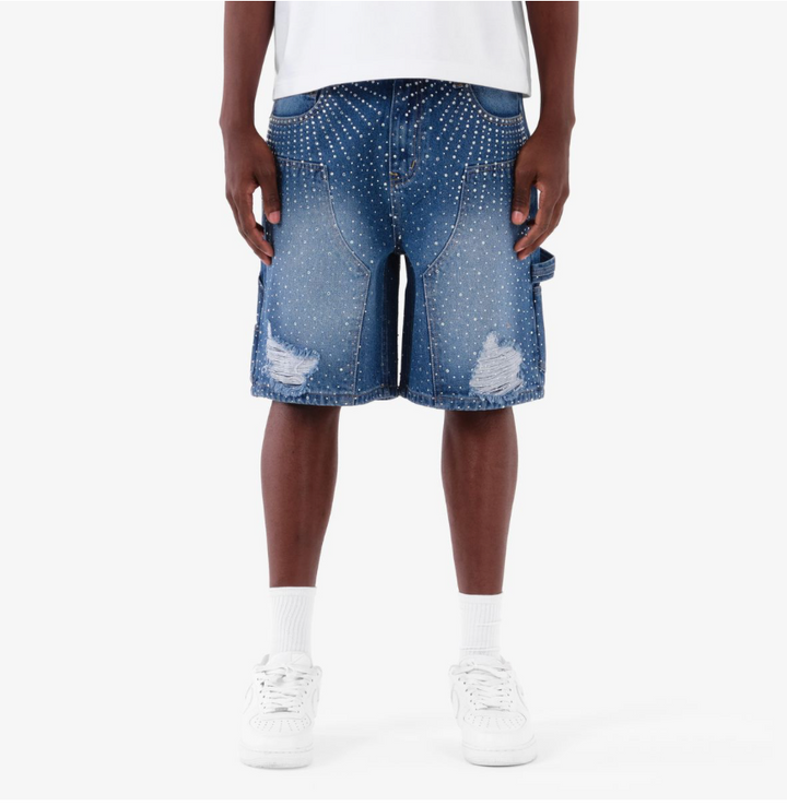 Ripped Rhinestone Jorts - Blue