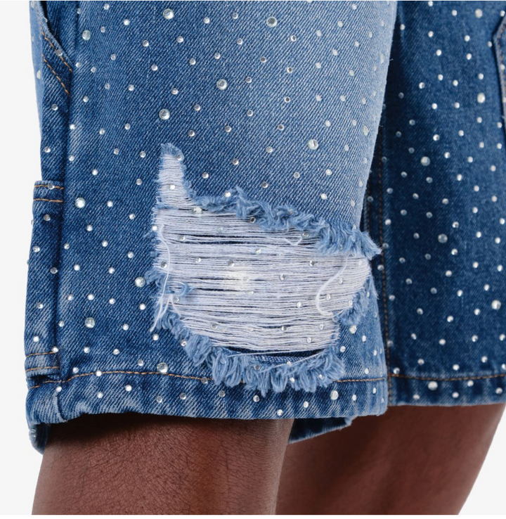 Ripped Rhinestone Jorts - Blue