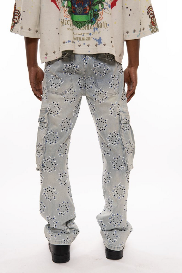 Spinner Rhinestone Cargo Jeans - Blue