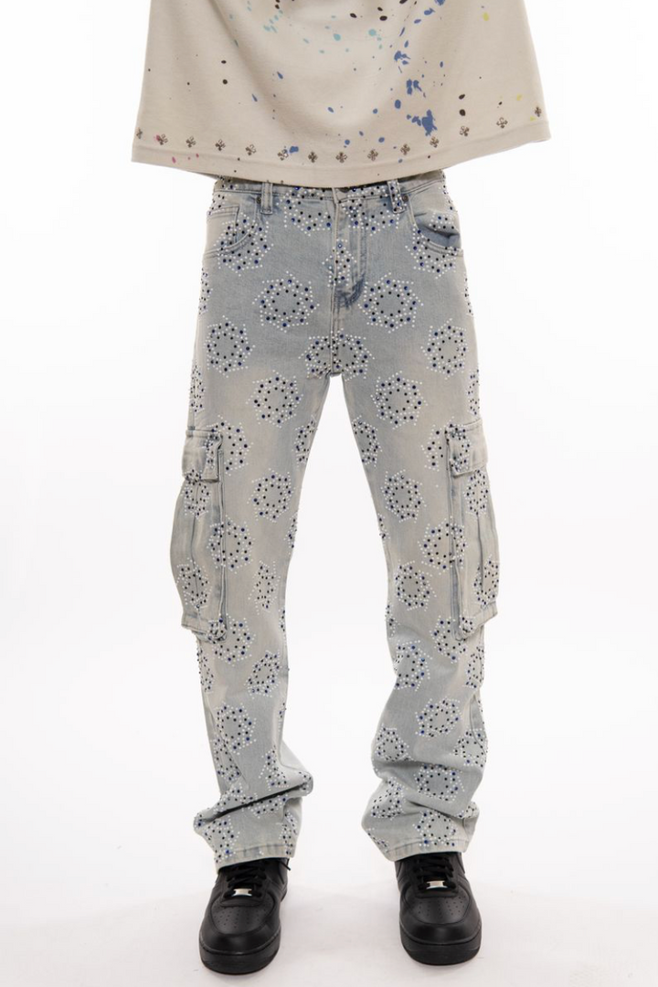 Spinner Rhinestone Cargo Jeans - Blue