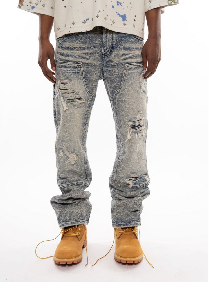 Baggy Rip Textured Jeans - Blue