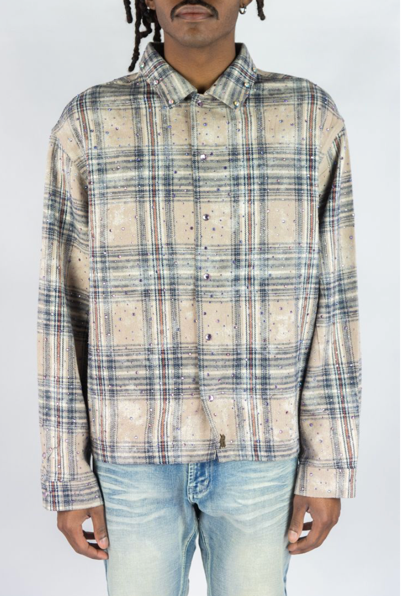Rhinestone Cropped Flannel - Khaki