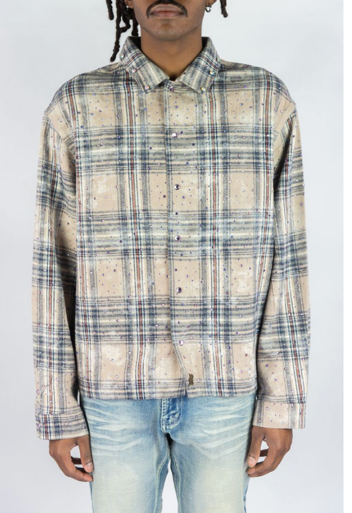 Rhinestone Cropped Flannel - Khaki