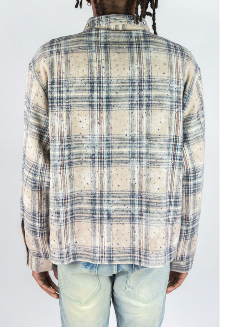 Rhinestone Cropped Flannel - Khaki