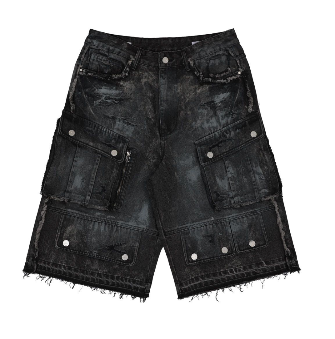 Cargo Denim Jorts -  Wash Black