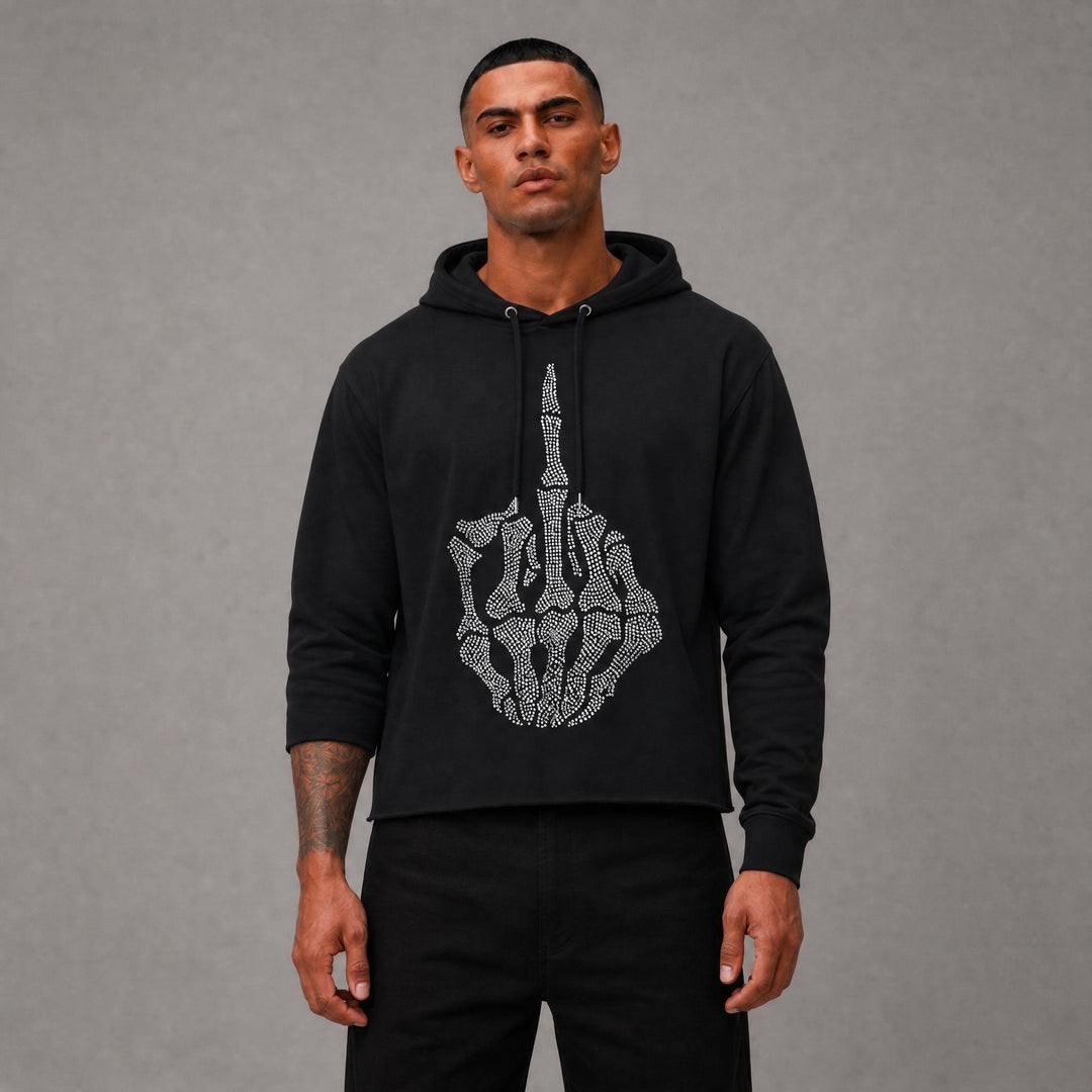 Skeleton Finger Rhinestone Cropped Hoodie - Black
