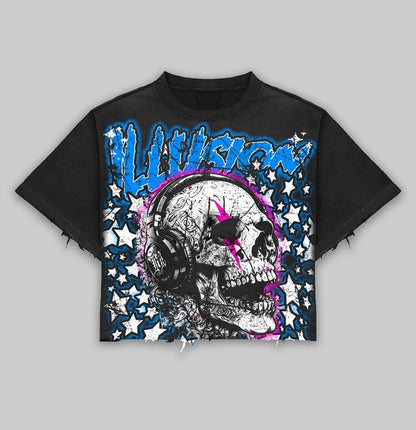 Skull Wave Cropped Tee - Black