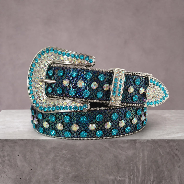 Snakeskin Rhinestone Belt - Aqua