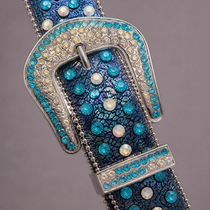 Snakeskin Rhinestone Belt - Aqua