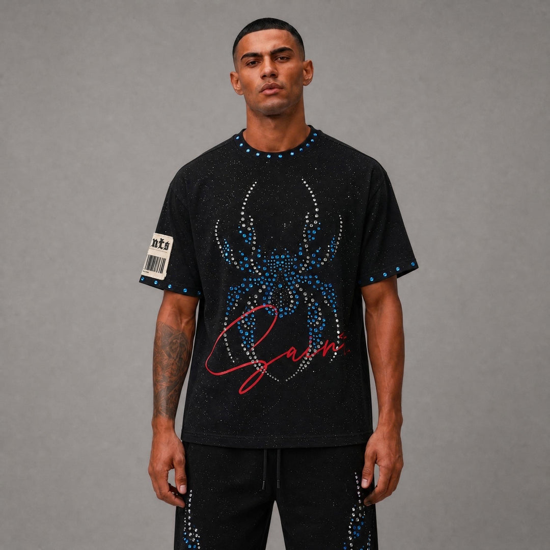 Spider Rhinestone Cropped Tee - Black