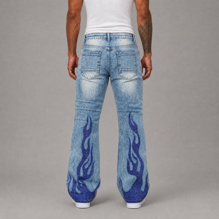Stacked Flame Rhinestone Jeans - Blue
