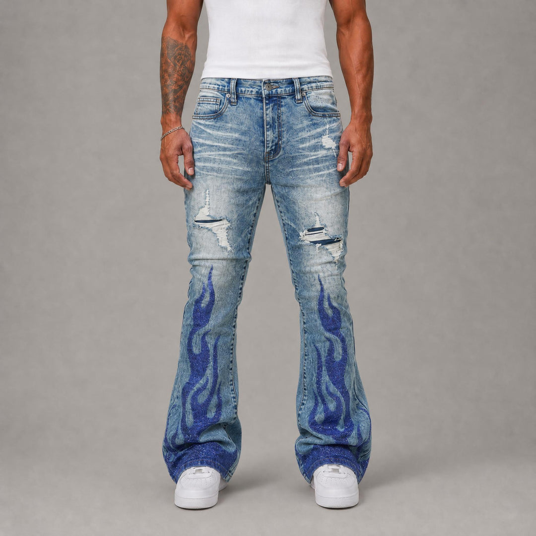 Stacked Flame Rhinestone Jeans - Blue