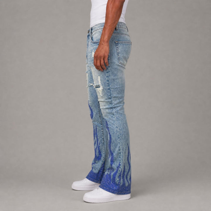 Stacked Flame Rhinestone Jeans - Blue