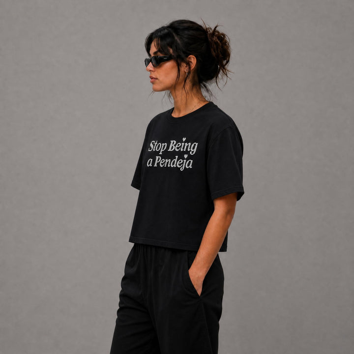 Stop Being A Pendeja Rhinestone Tee - Black