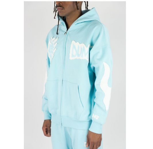 Full-Zip Fleece Hoodie W/ Patches - Sky Blue (742-313)