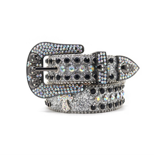 RRRB889 - Rhinestone Skulls Belt - Silver/Black