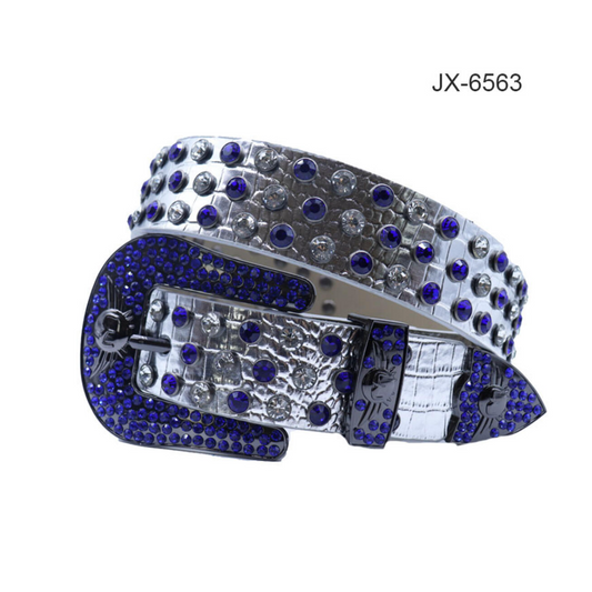 Rhinestone Belt - White On Blue