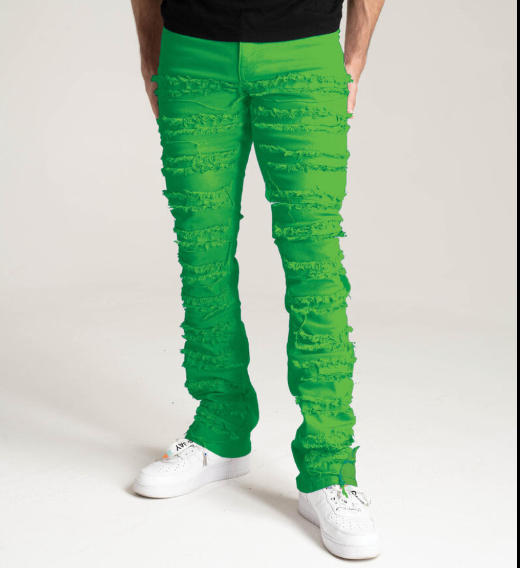 S3016T- Green Distressed Stacked Jeans