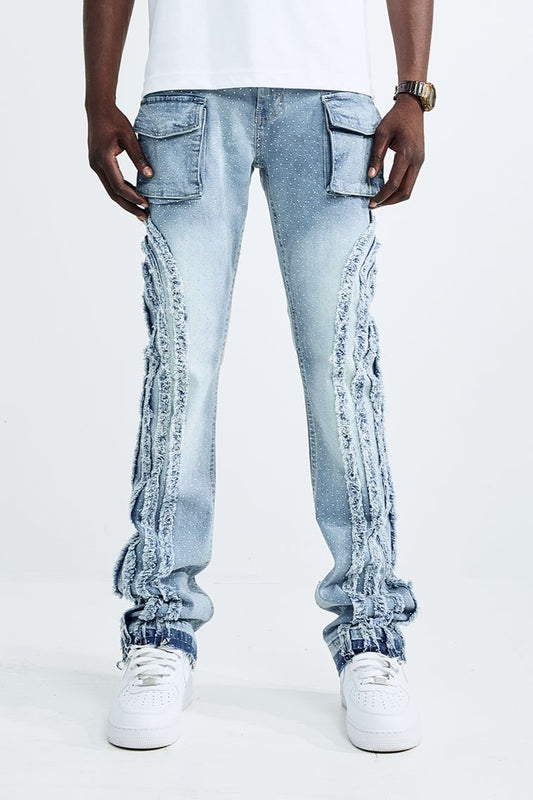 Cargo Straight Fit Patch Work Jeans - MD Blue