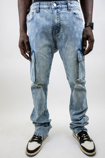 Patterned Cargo Stacked Jeans - Blue