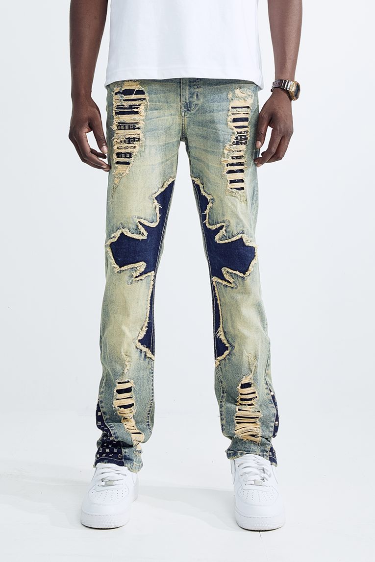 Straight Fit Patch Work Jeans - Tint Blue