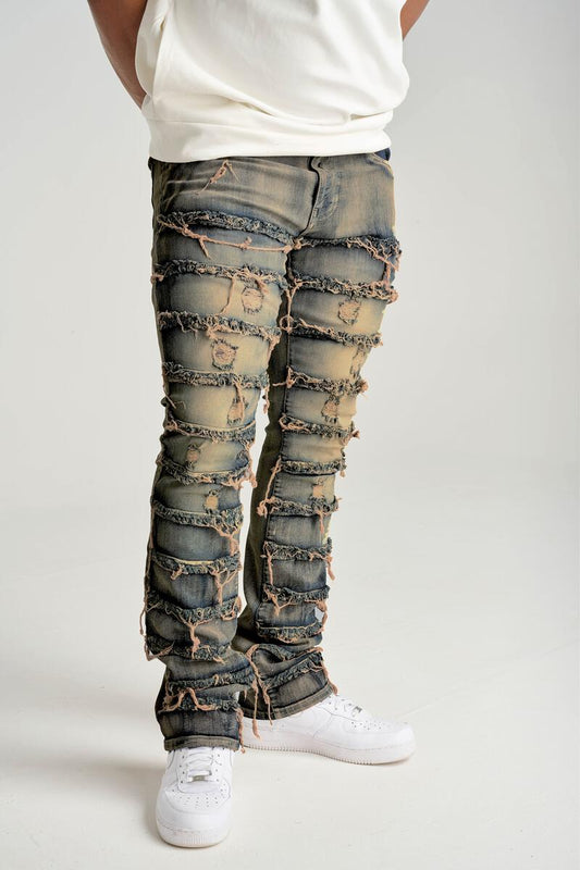 Stretch Stacked w Frayed Patch Jeans - Blue