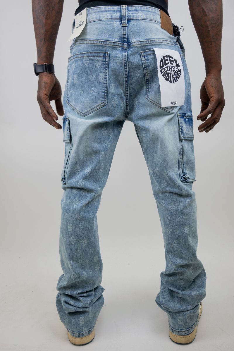 Patterned Cargo Stacked Jeans - Blue