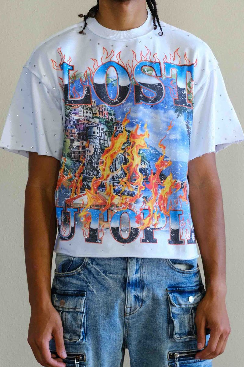 First Row Lost Utopia Flame Cropped Tee - White