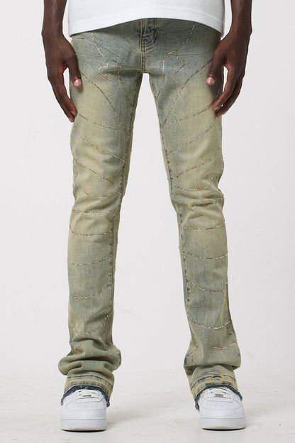 Stacked Denim Rhinestone Detail Jeans - Blue