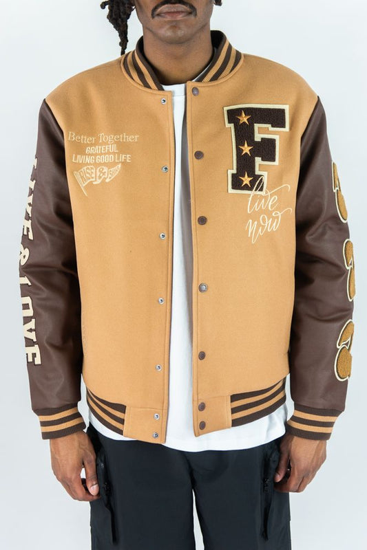 Live And Love Varsity Jacket - Caramel