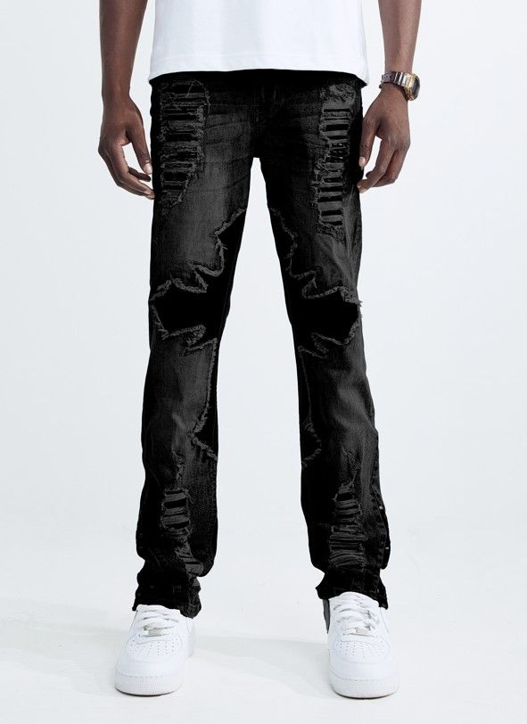 Straight Fit Patch Work Jeans - Jet Black