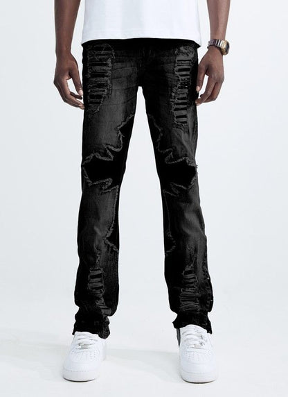 Straight Fit Patch Work Jeans - Jet Black